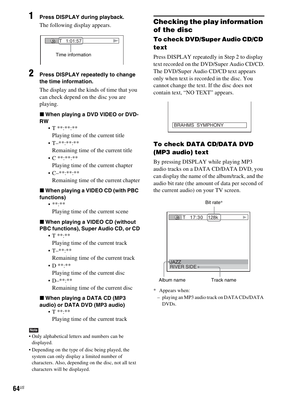 Checking the play information of the disc | Sony DAVLF1H User Manual | Page 64 / 127