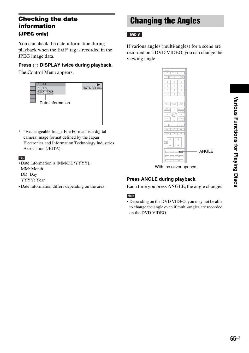 Checking the date information, Changing the angles | Sony DAVLF1H User Manual | Page 65 / 127