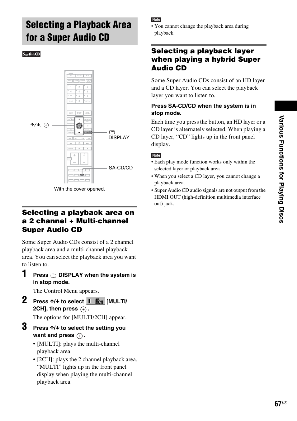 Selecting a playback area for a super audio cd, Selecting a playback area for a super, Audio cd | Ee “selecting a playback area for | Sony DAVLF1H User Manual | Page 67 / 127
