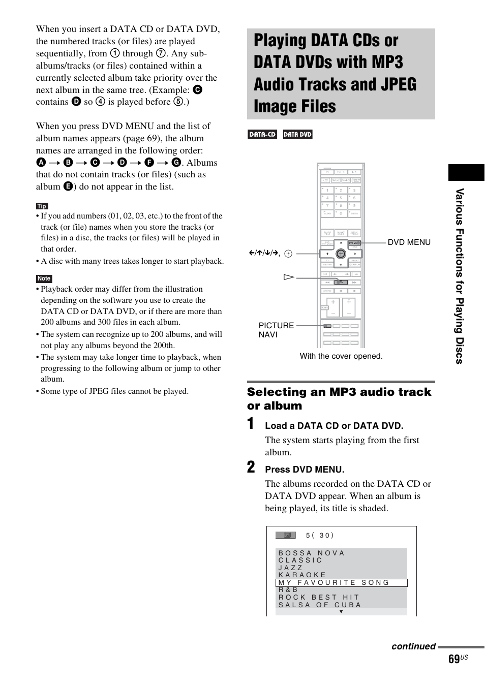 Selecting an mp3 audio track or album, Playing data cds or data dvds with, Mp3 audio tracks and jpeg image files | Sony DAVLF1H User Manual | Page 69 / 127