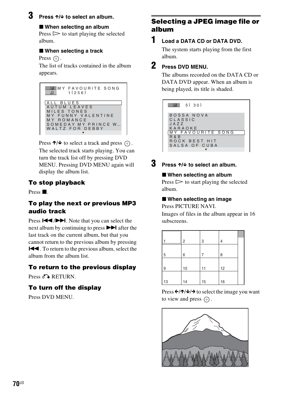 Selecting a jpeg image file or album | Sony DAVLF1H User Manual | Page 70 / 127