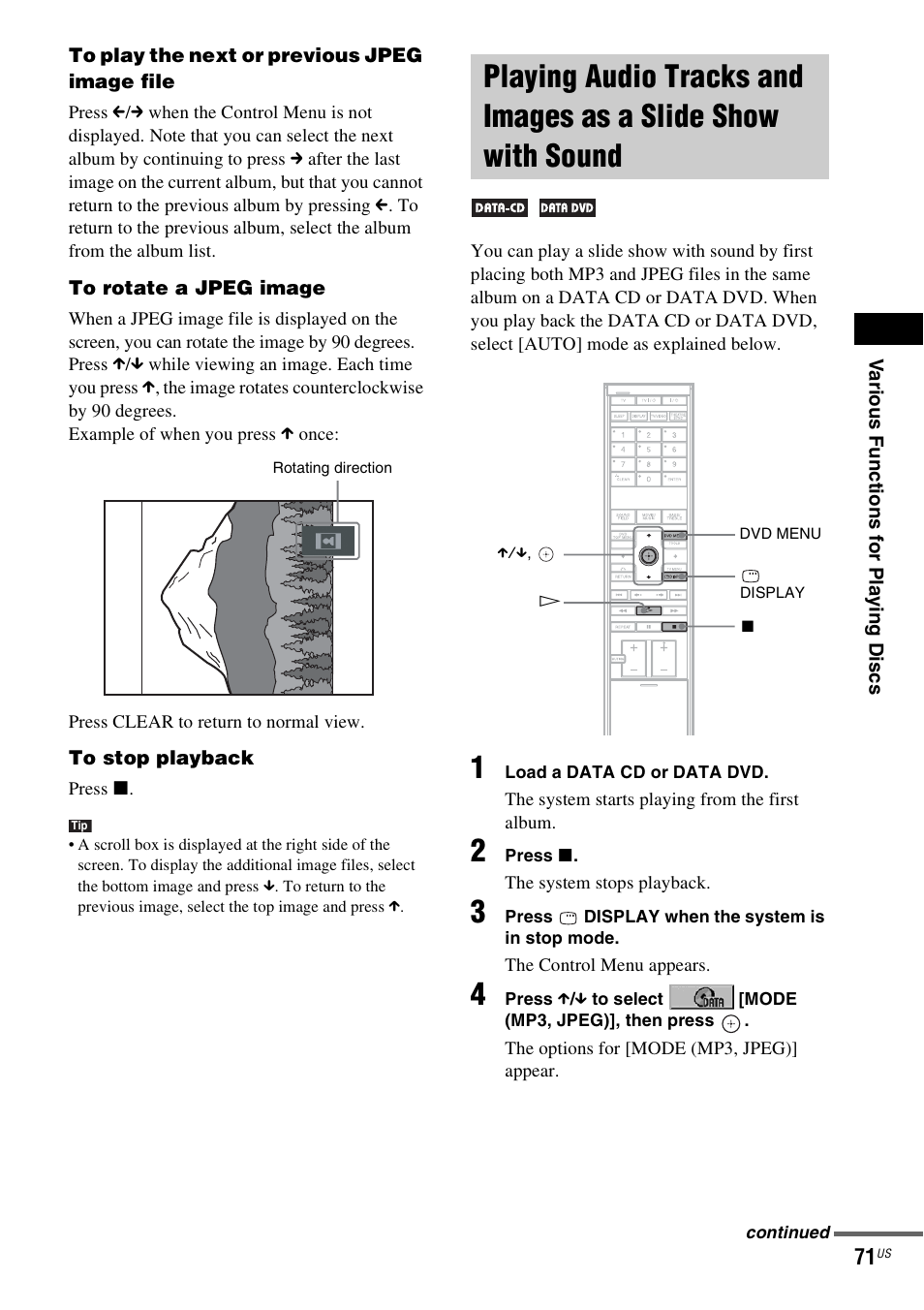 Playing audio tracks and images as a, Slide show with sound | Sony DAVLF1H User Manual | Page 71 / 127