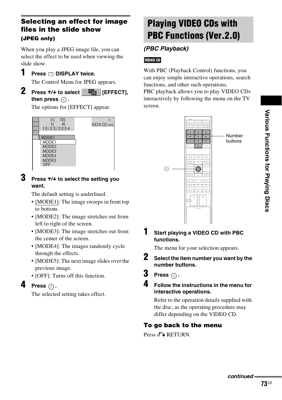 Playing video cds with pbc functions (ver.2.0), Playing video cds with pbc functions, Ver.2.0) (pbc playback) | Sony DAVLF1H User Manual | Page 73 / 127