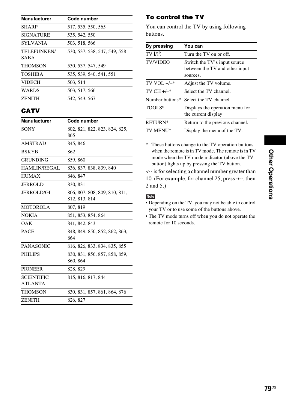 Othe r op er atio ns, Catv to control the tv | Sony DAVLF1H User Manual | Page 79 / 127