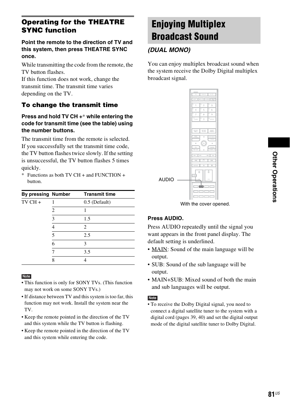 Operating for the theatre sync function, Enjoying multiplex broadcast sound, Enjoying multiplex broadcast | Sound (dual mono) | Sony DAVLF1H User Manual | Page 81 / 127