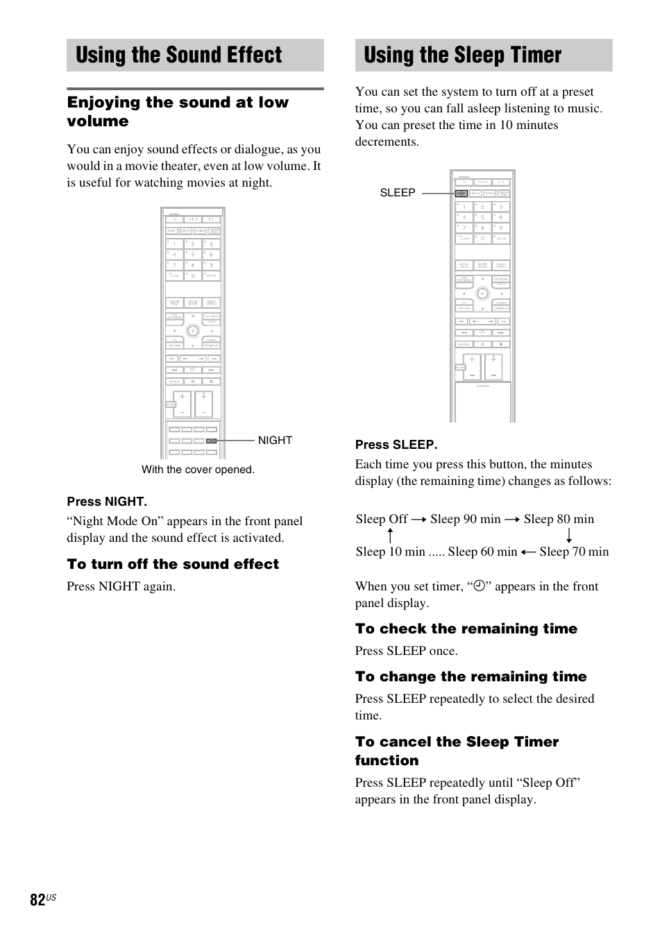 Using the sound effect, Enjoying the sound at low volume, Using the sleep timer | Using the sound effect using the sleep timer | Sony DAVLF1H User Manual | Page 82 / 127