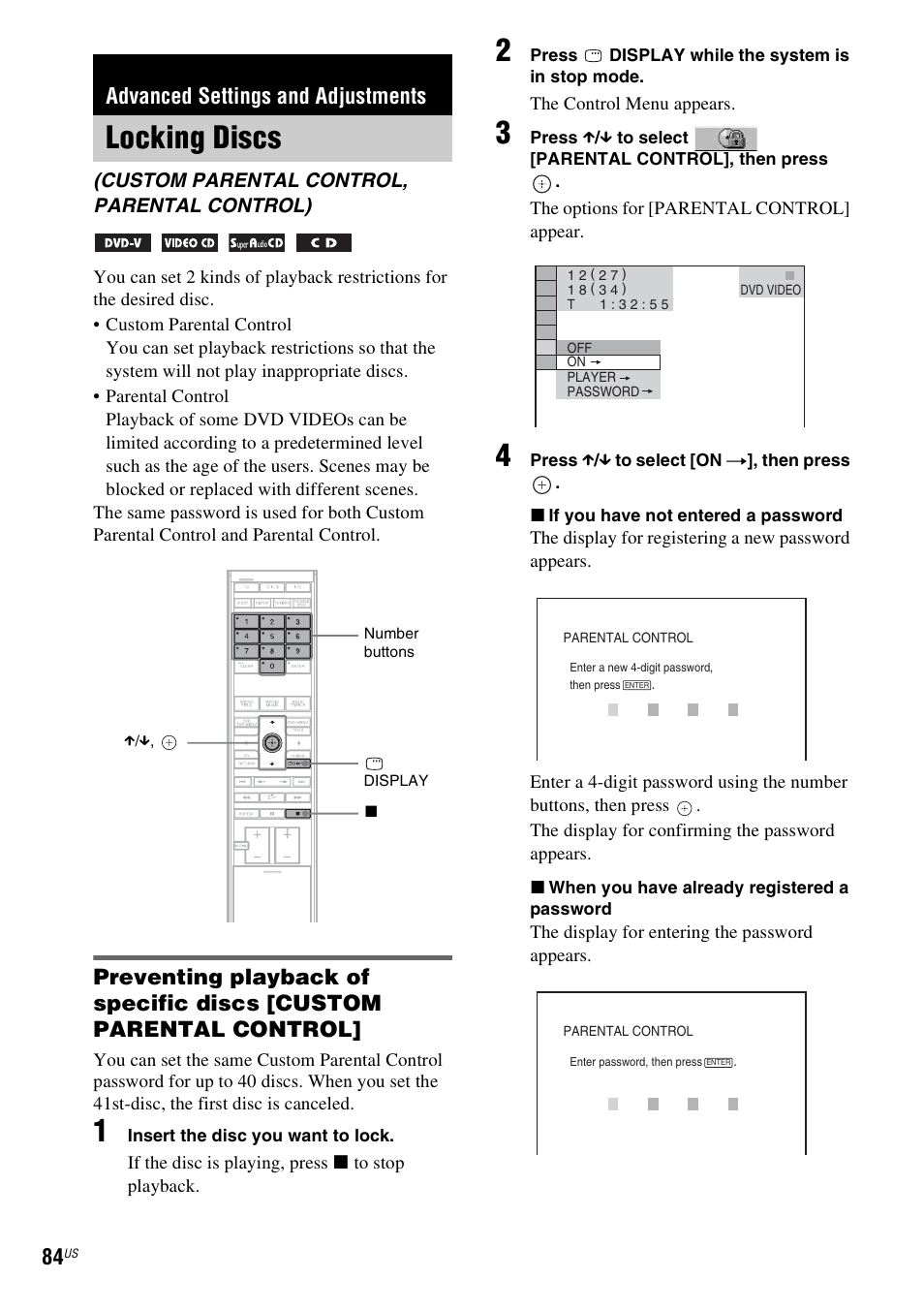 Advanced settings and adjustments, Locking discs, Custom parental control, parental control) | Sony DAVLF1H User Manual | Page 84 / 127