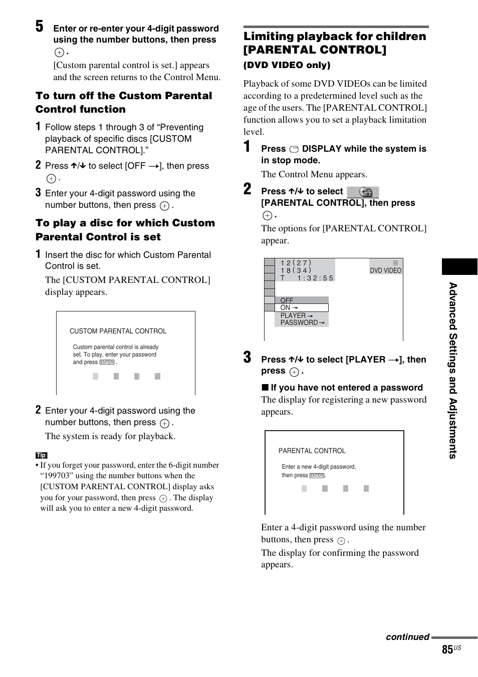 Limiting playback for children [parental control | Sony DAVLF1H User Manual | Page 85 / 127