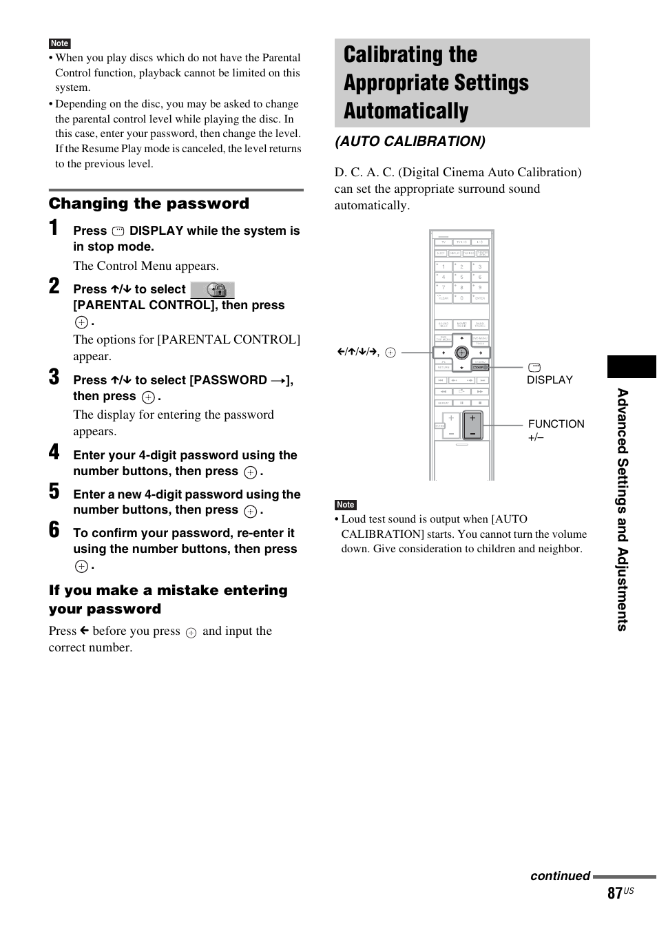 Changing the password, Calibrating the appropriate settings automatically, Calibrating the appropriate settings | Automatically (auto calibration) | Sony DAVLF1H User Manual | Page 87 / 127