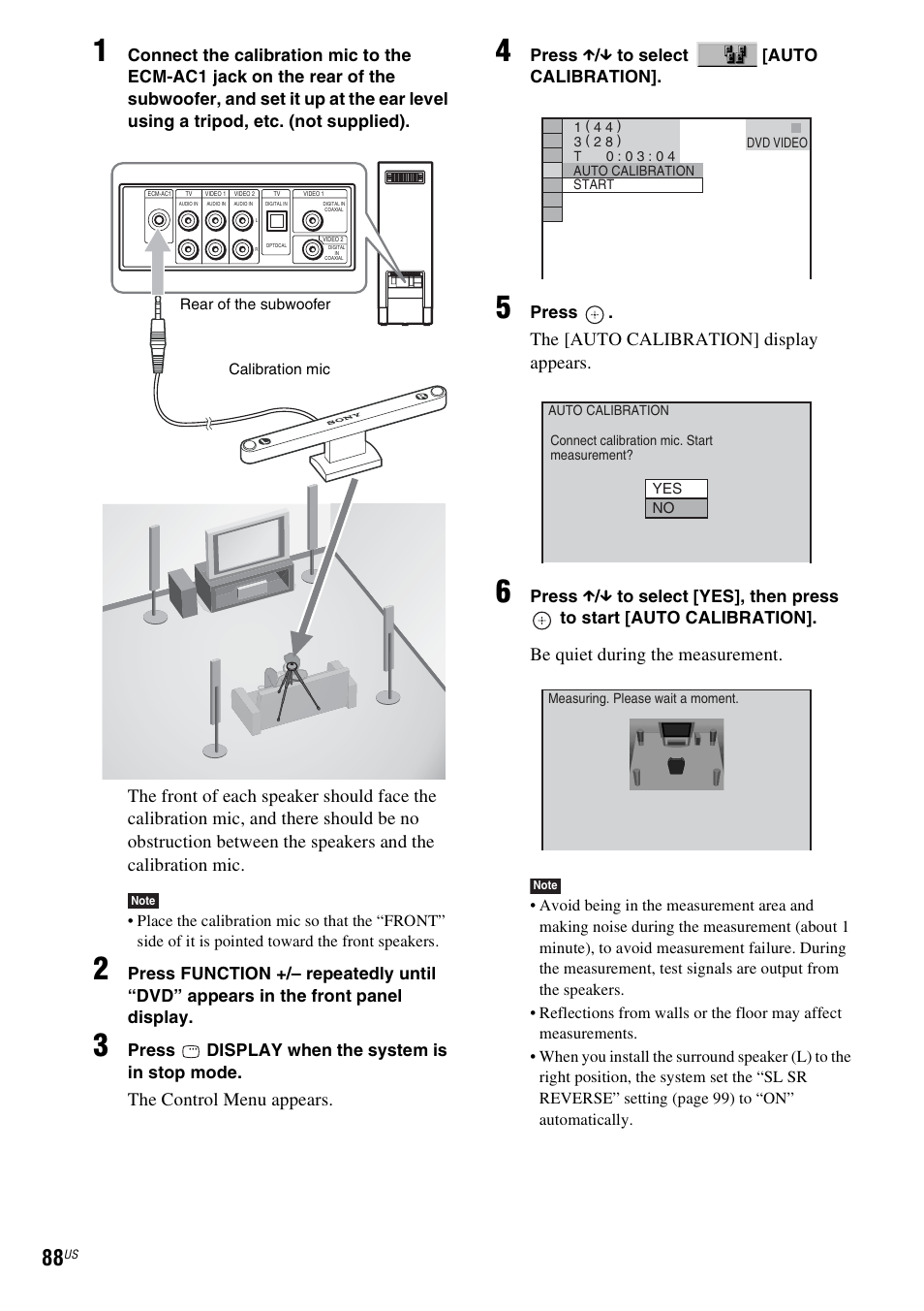 The control menu appears, The [auto calibration] display appears, Be quiet during the measurement | Sony DAVLF1H User Manual | Page 88 / 127