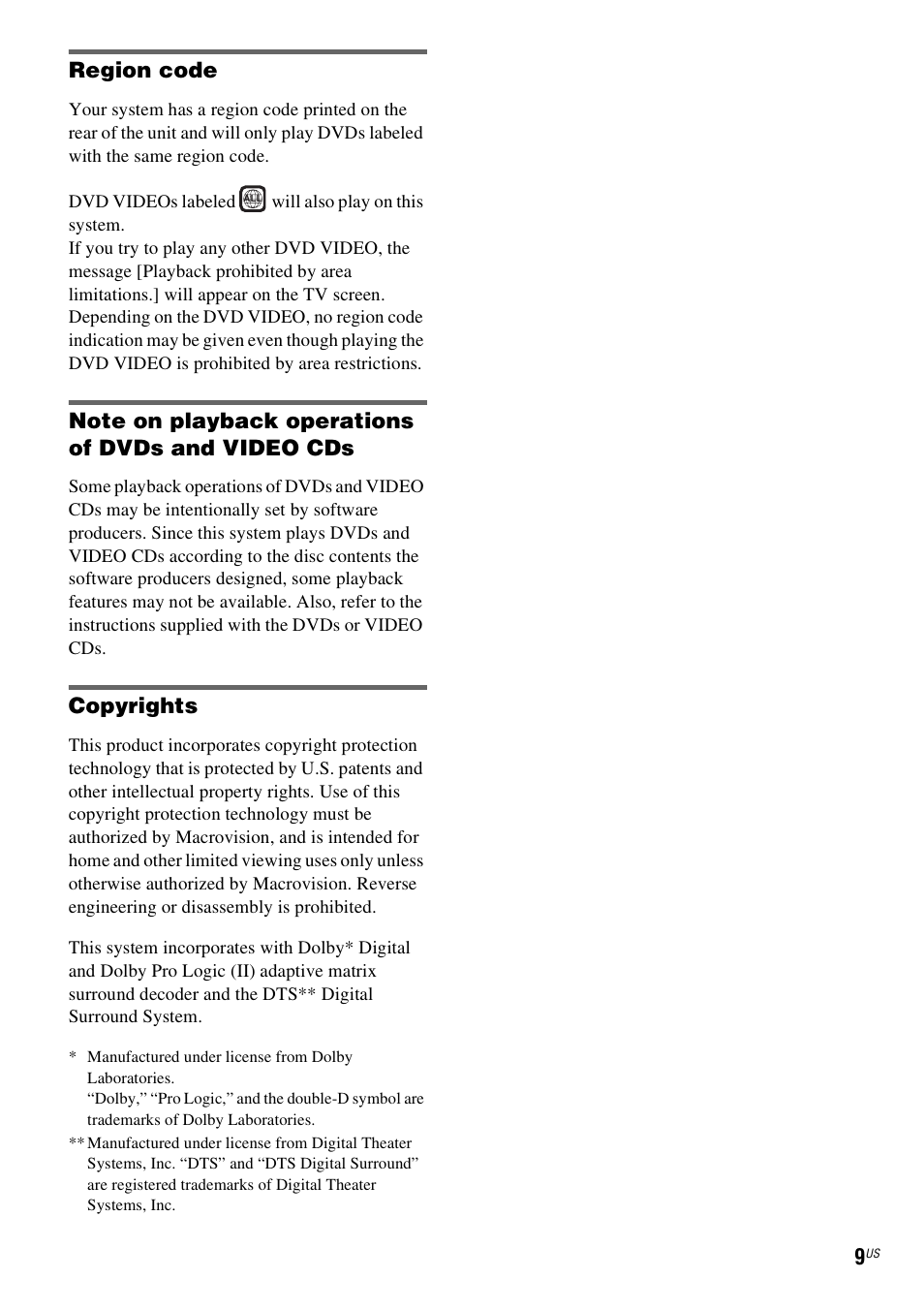 Region code, Note on playback operations of dvds and video cds, Copyrights | Sony DAVLF1H User Manual | Page 9 / 127