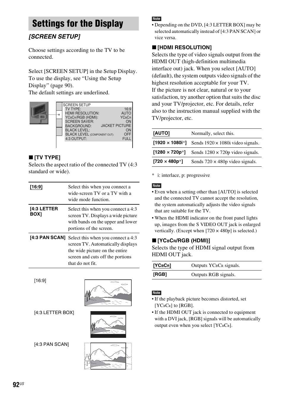 Settings for the display, Screen setup | Sony DAVLF1H User Manual | Page 92 / 127