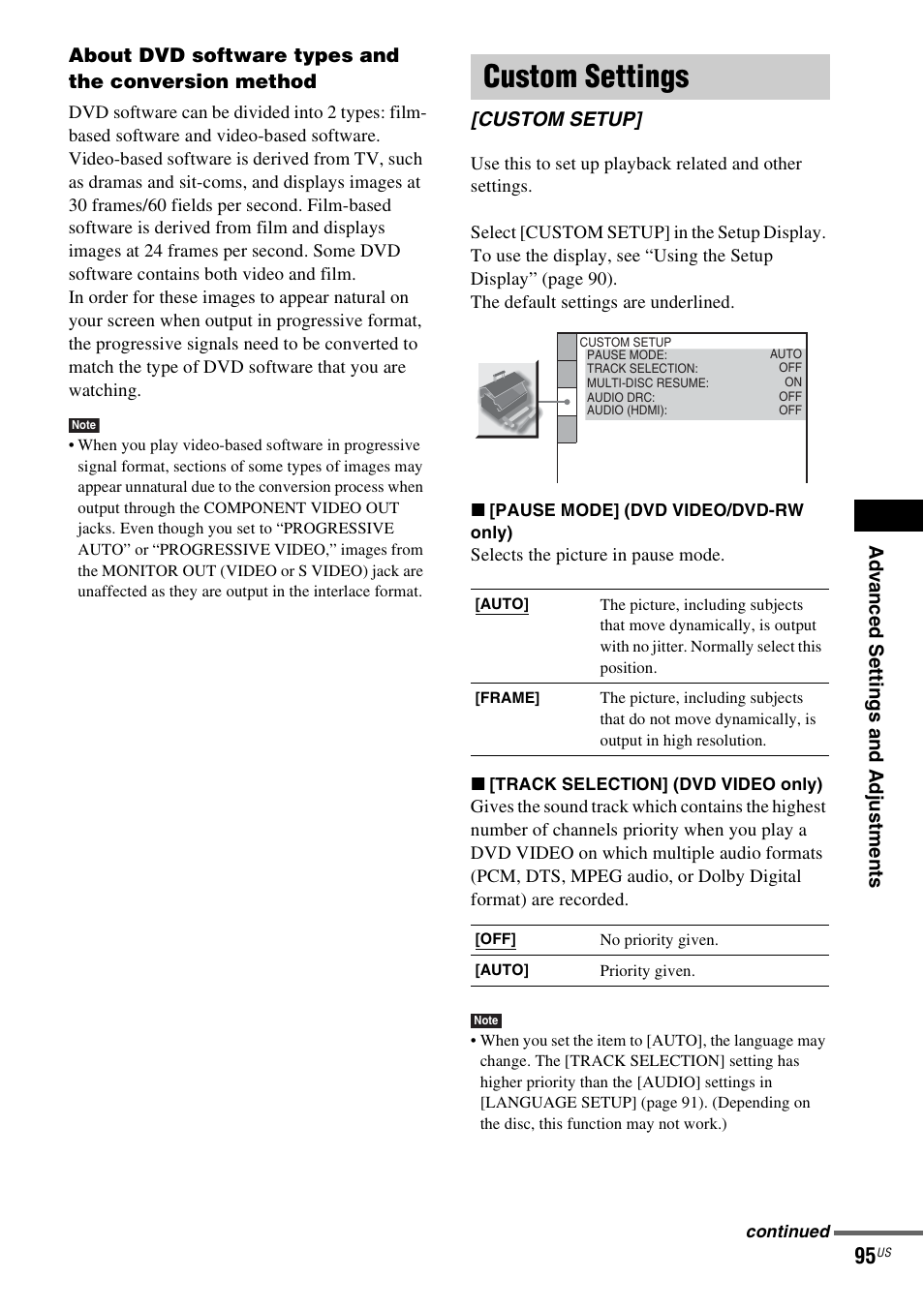 Custom settings, Custom setup | Sony DAVLF1H User Manual | Page 95 / 127