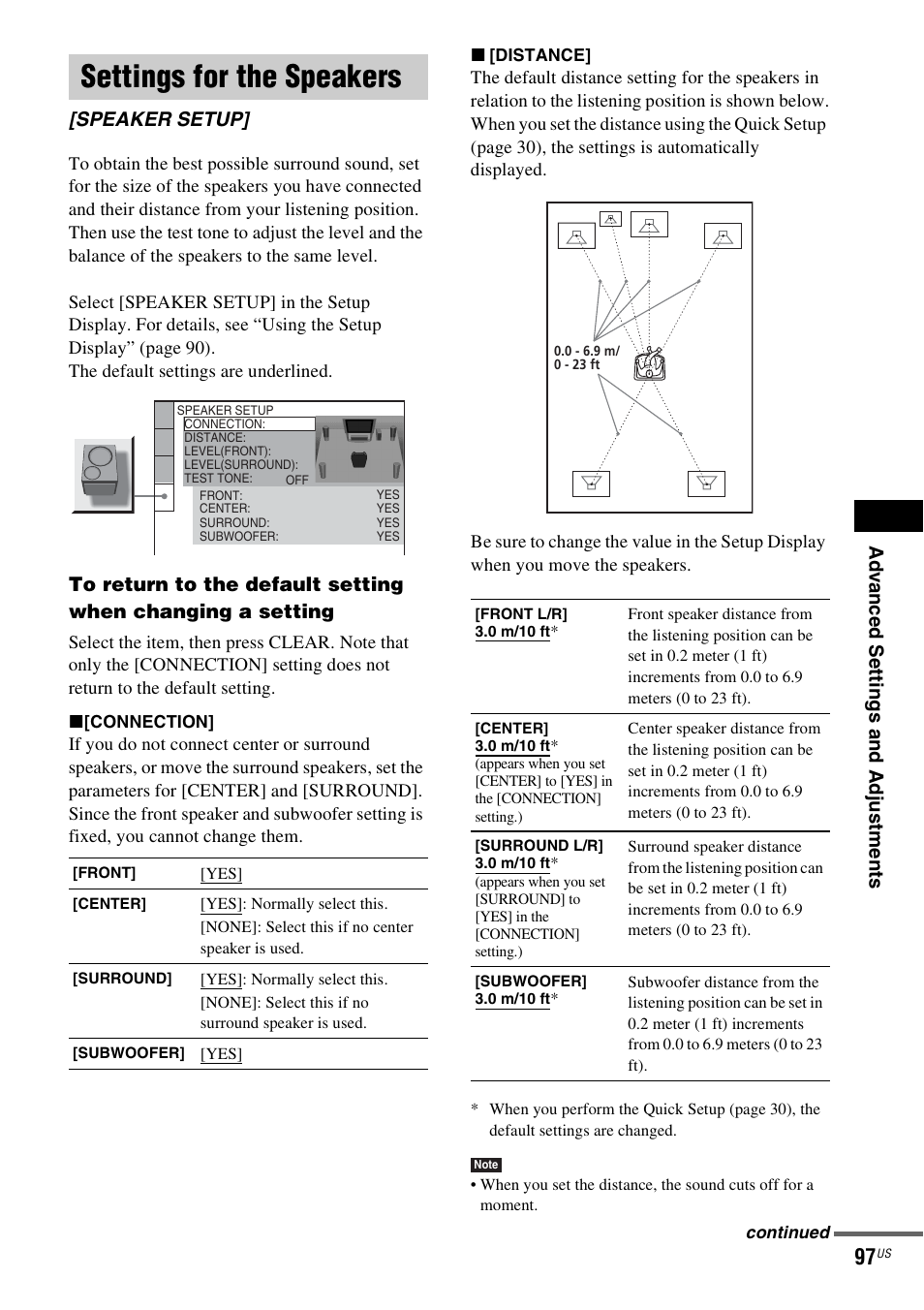 Settings for the speakers, Speaker setup | Sony DAVLF1H User Manual | Page 97 / 127