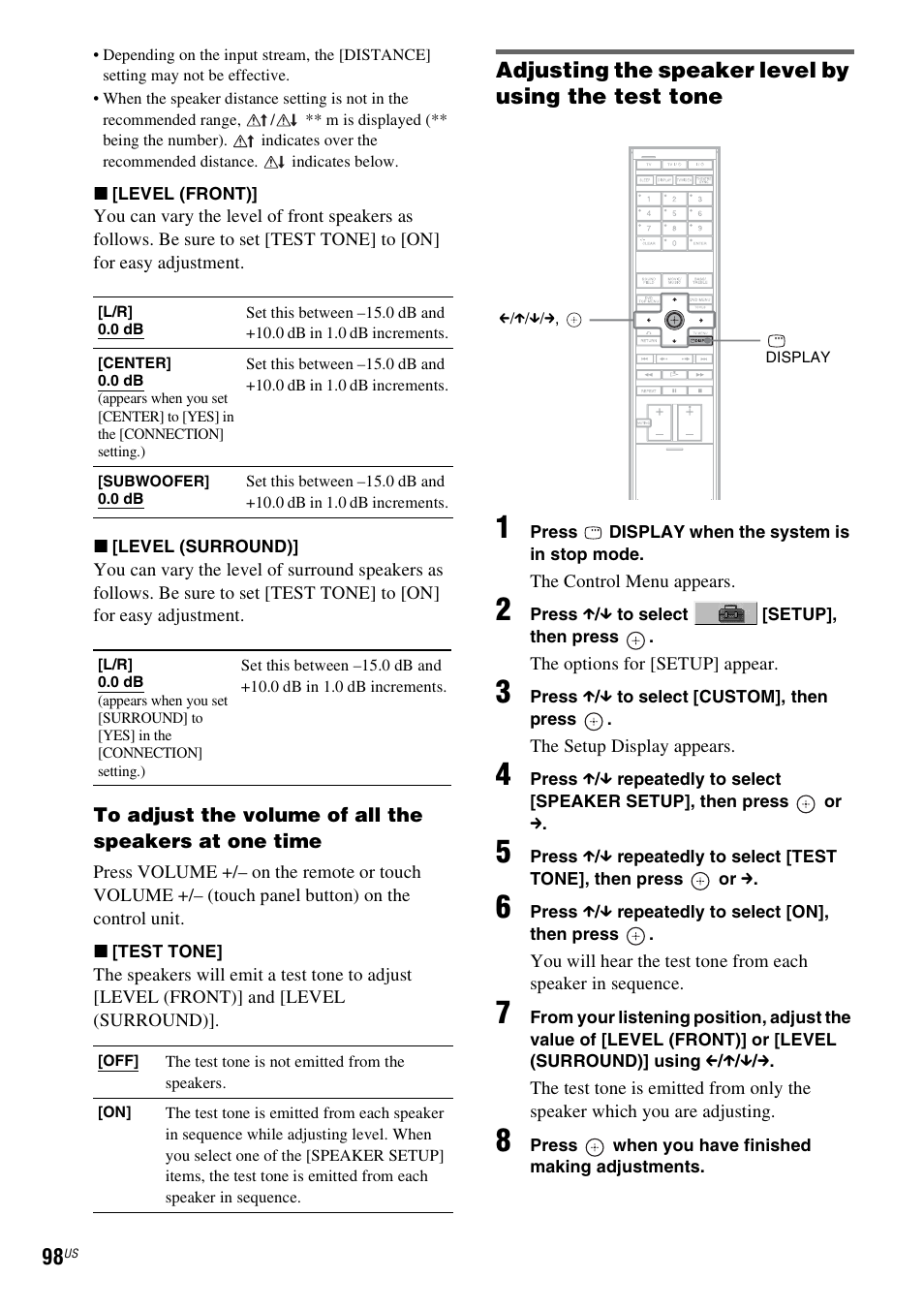 Adjusting the speaker level by using the test tone | Sony DAVLF1H User Manual | Page 98 / 127
