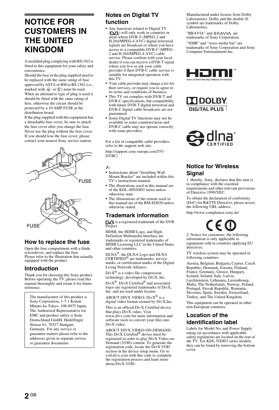 Notice for customers in the united kingdom, How to replace the fuse, Introduction | Trademark information, Notice for wireless signal, Location of the identification label | Sony BRAVIA 4-180-179-14(1) User Manual | Page 2 / 28