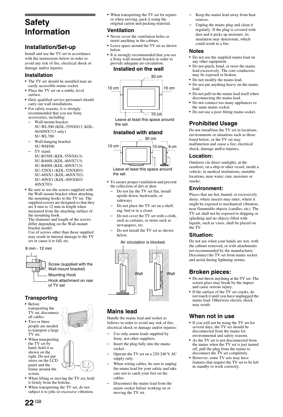 Safety information, Installation/set-up, Mains lead | Prohibited usage, Broken pieces, When not in use | Sony BRAVIA 4-180-179-14(1) User Manual | Page 22 / 28