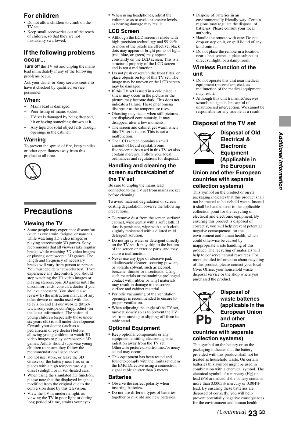 Precautions, For children, If the following problems occur | Disposal of the tv set, Continued) | Sony BRAVIA 4-180-179-14(1) User Manual | Page 23 / 28