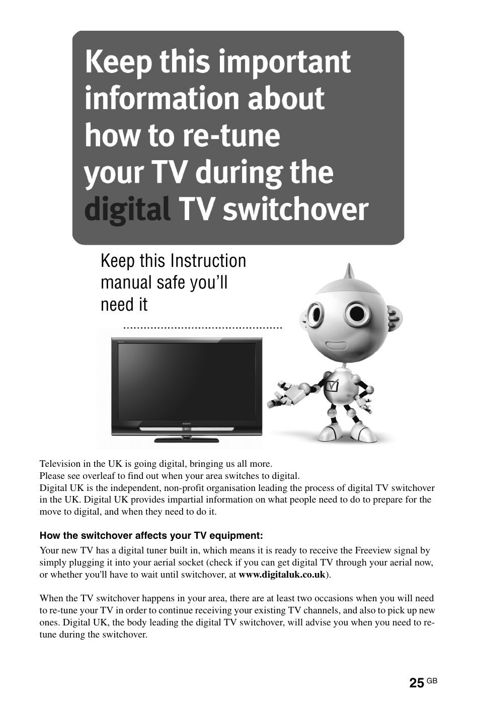 Keep this instruction manual safe you’ll need it | Sony BRAVIA 4-180-179-14(1) User Manual | Page 25 / 28