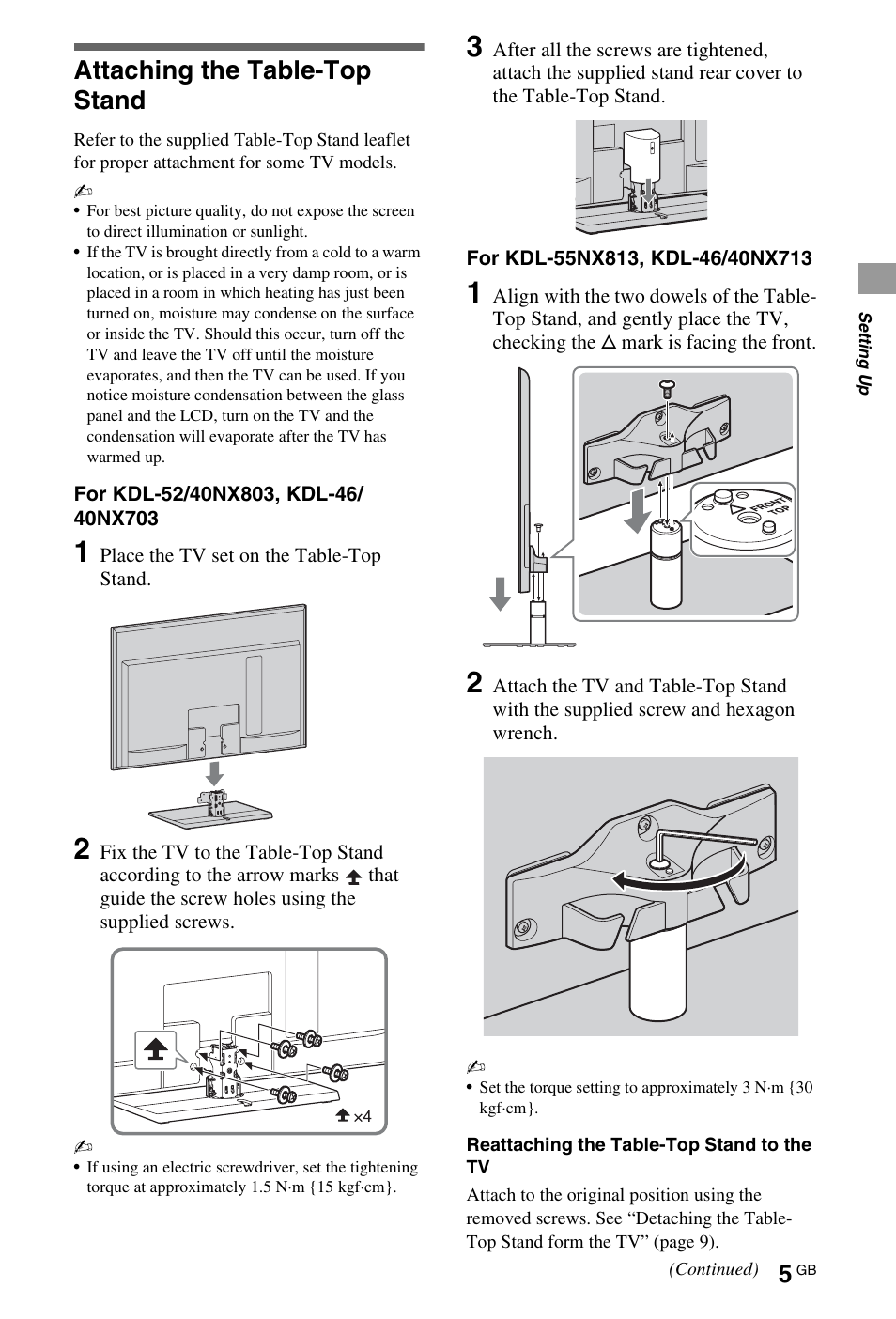 Setting up, Attaching the table-top stand | Sony BRAVIA 4-180-179-14(1) User Manual | Page 5 / 28