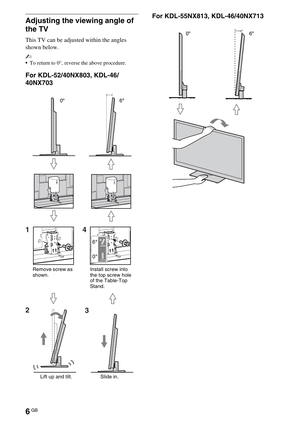Adjusting the viewing angle of the tv | Sony BRAVIA 4-180-179-14(1) User Manual | Page 6 / 28