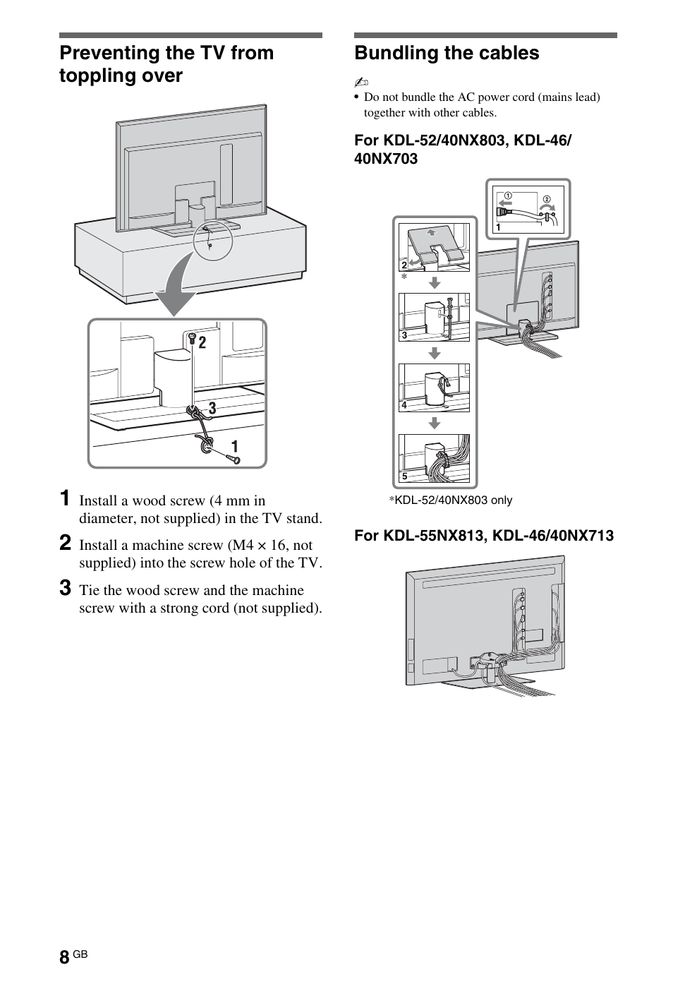 Preventing the tv from toppling over, Bundling the cables | Sony BRAVIA 4-180-179-14(1) User Manual | Page 8 / 28