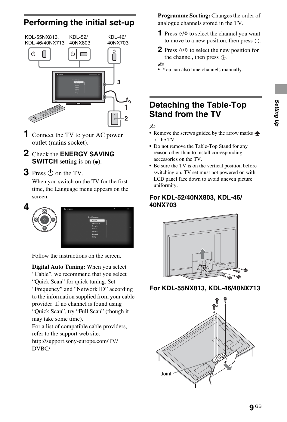 Performing the initial set-up, Detaching the table-top stand from the tv | Sony BRAVIA 4-180-179-14(1) User Manual | Page 9 / 28
