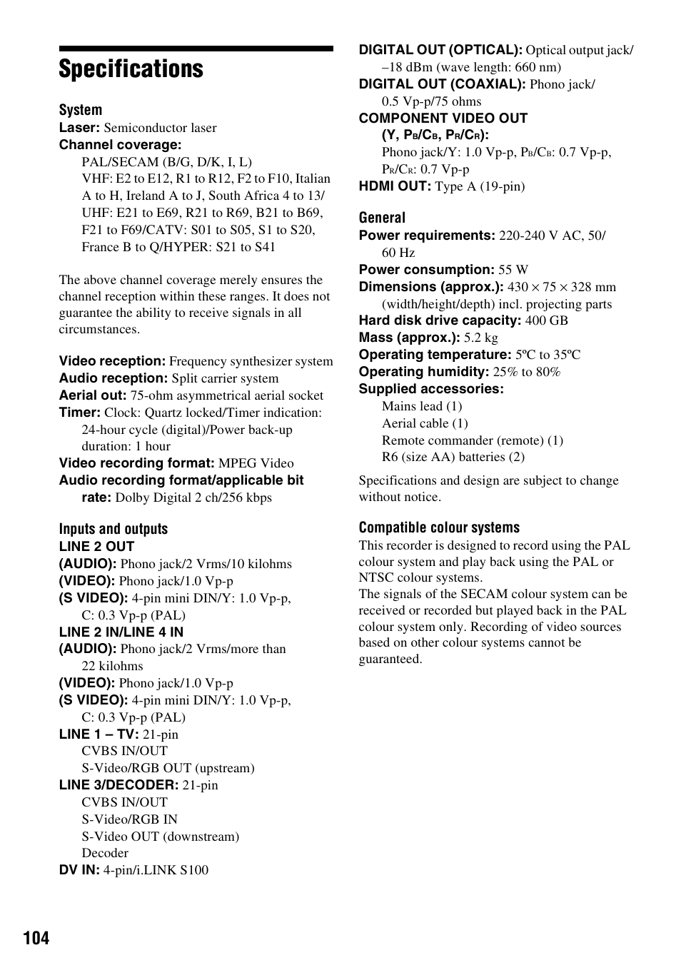Specifications | Sony RDR-HX1010 User Manual | Page 104 / 116