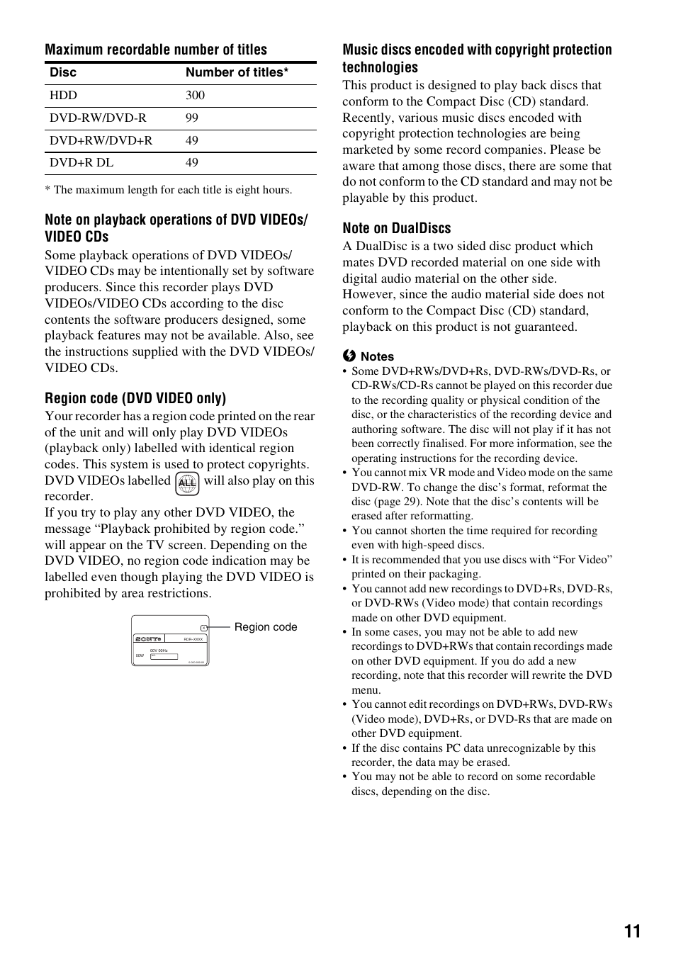 Maximum recordable number of titles, Region code (dvd video only) | Sony RDR-HX1010 User Manual | Page 11 / 116