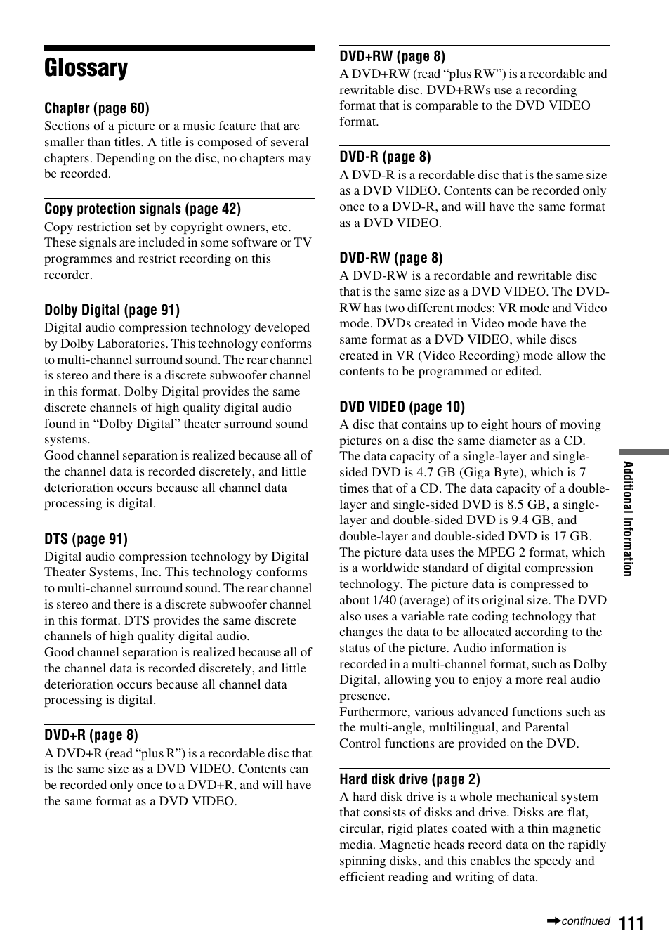 Glossary | Sony RDR-HX1010 User Manual | Page 111 / 116