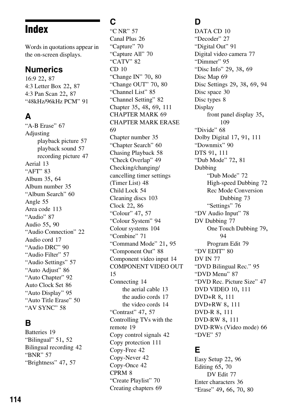 Index, Numerics | Sony RDR-HX1010 User Manual | Page 114 / 116