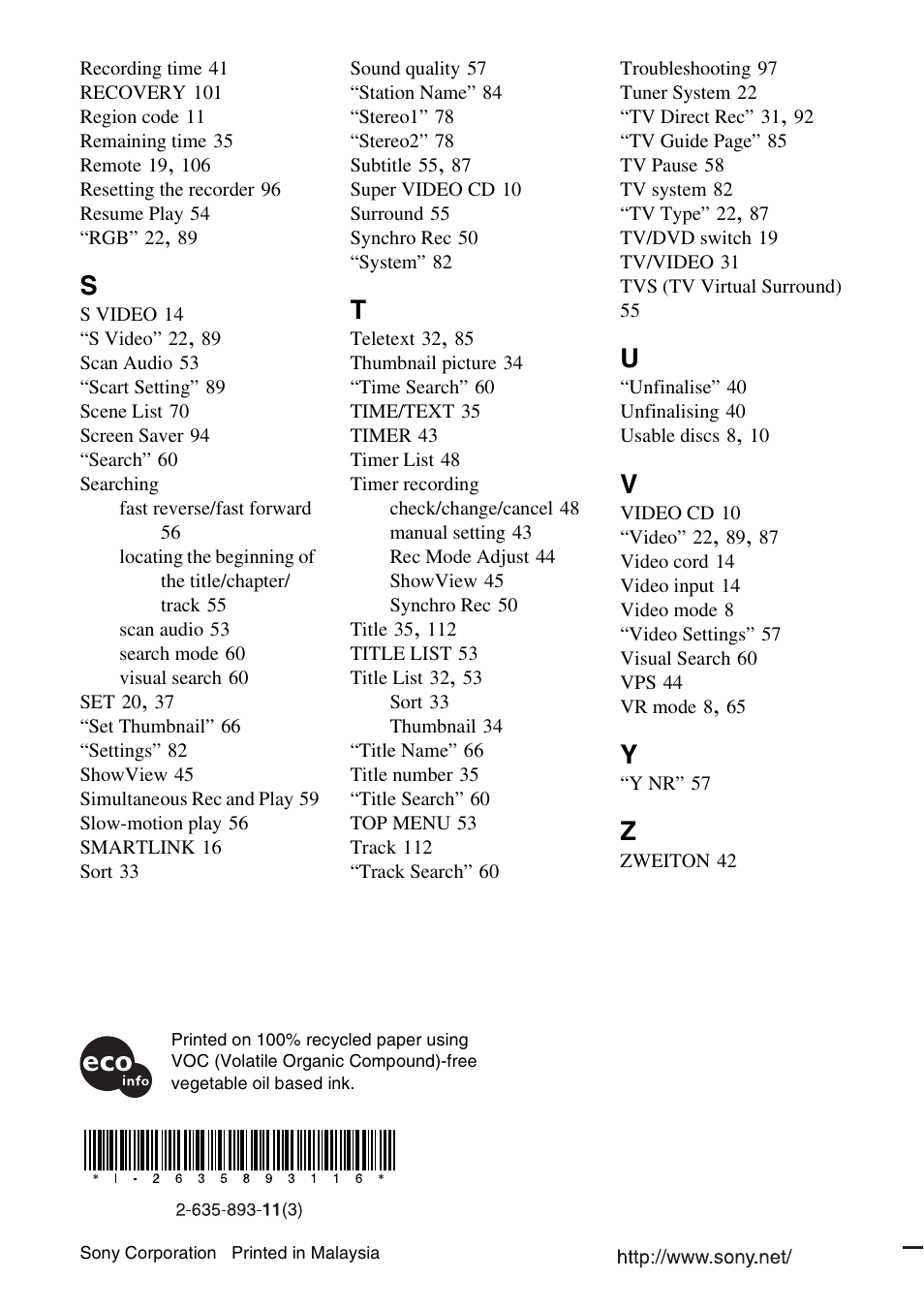 Sony RDR-HX1010 User Manual | Page 116 / 116