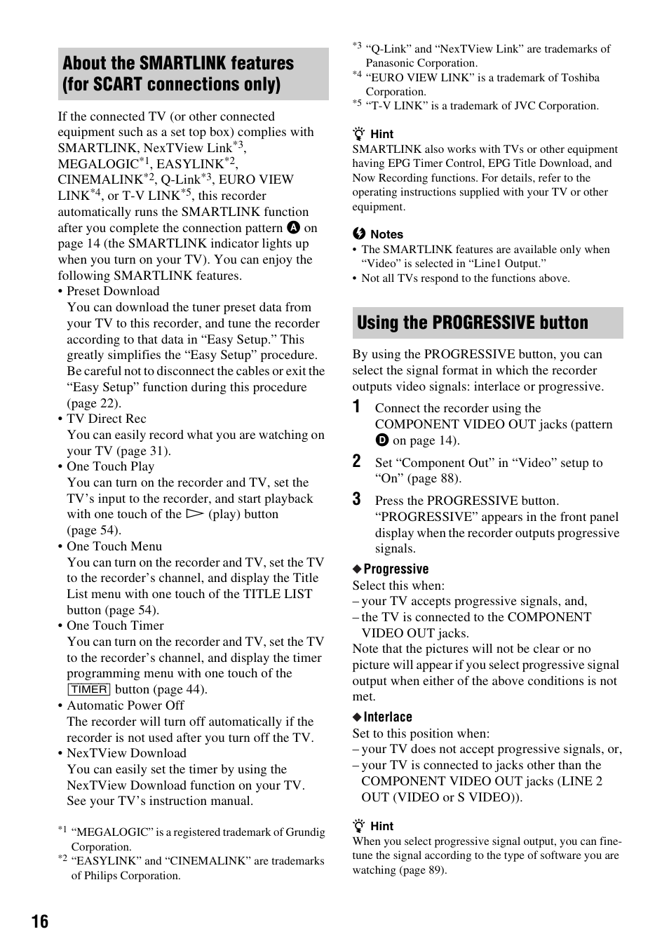 Using the progressive button | Sony RDR-HX1010 User Manual | Page 16 / 116