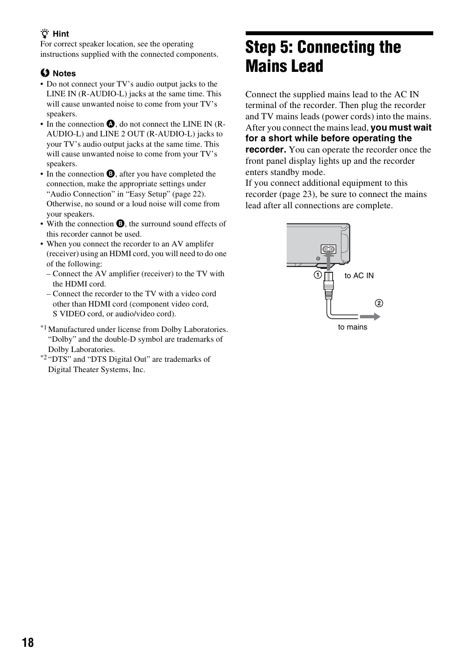 Step 5: connecting the mains lead | Sony RDR-HX1010 User Manual | Page 18 / 116