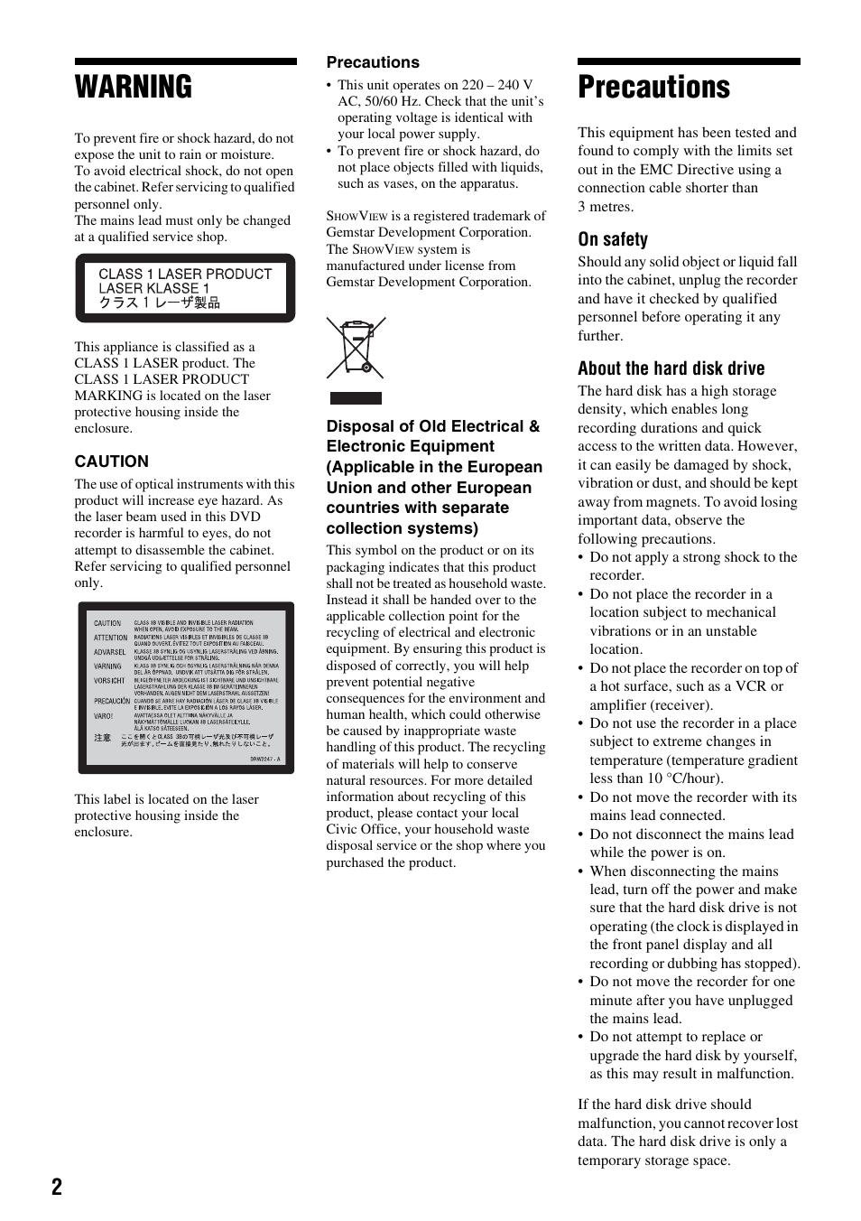 Warning, Precautions, On safety | About the hard disk drive | Sony RDR-HX1010 User Manual | Page 2 / 116