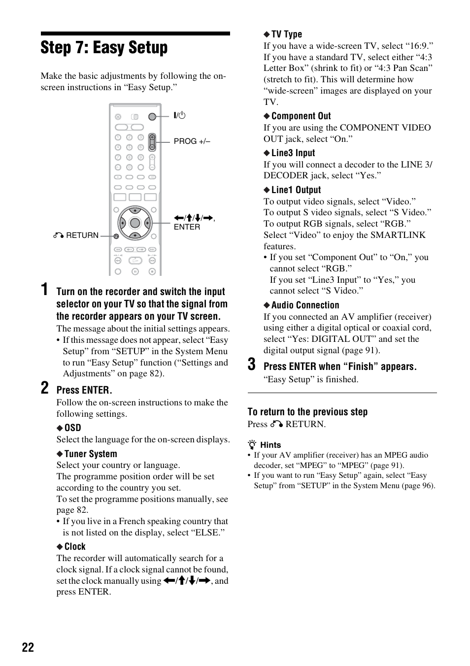 Step 7: easy setup | Sony RDR-HX1010 User Manual | Page 22 / 116