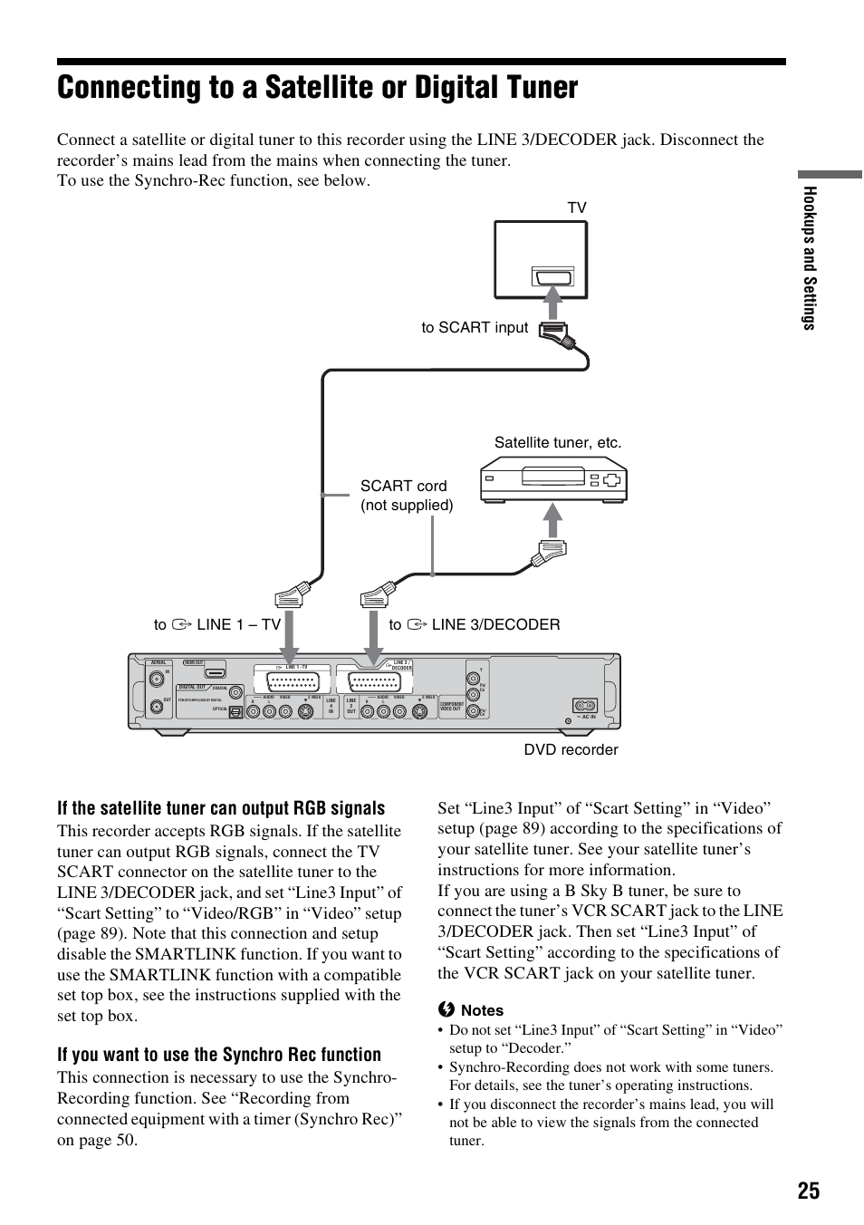 Connecting to a satellite or digital tuner, If the satellite tuner can output rgb signals, If you want to use the synchro rec function | Hook up s and se tti n gs | Sony RDR-HX1010 User Manual | Page 25 / 116