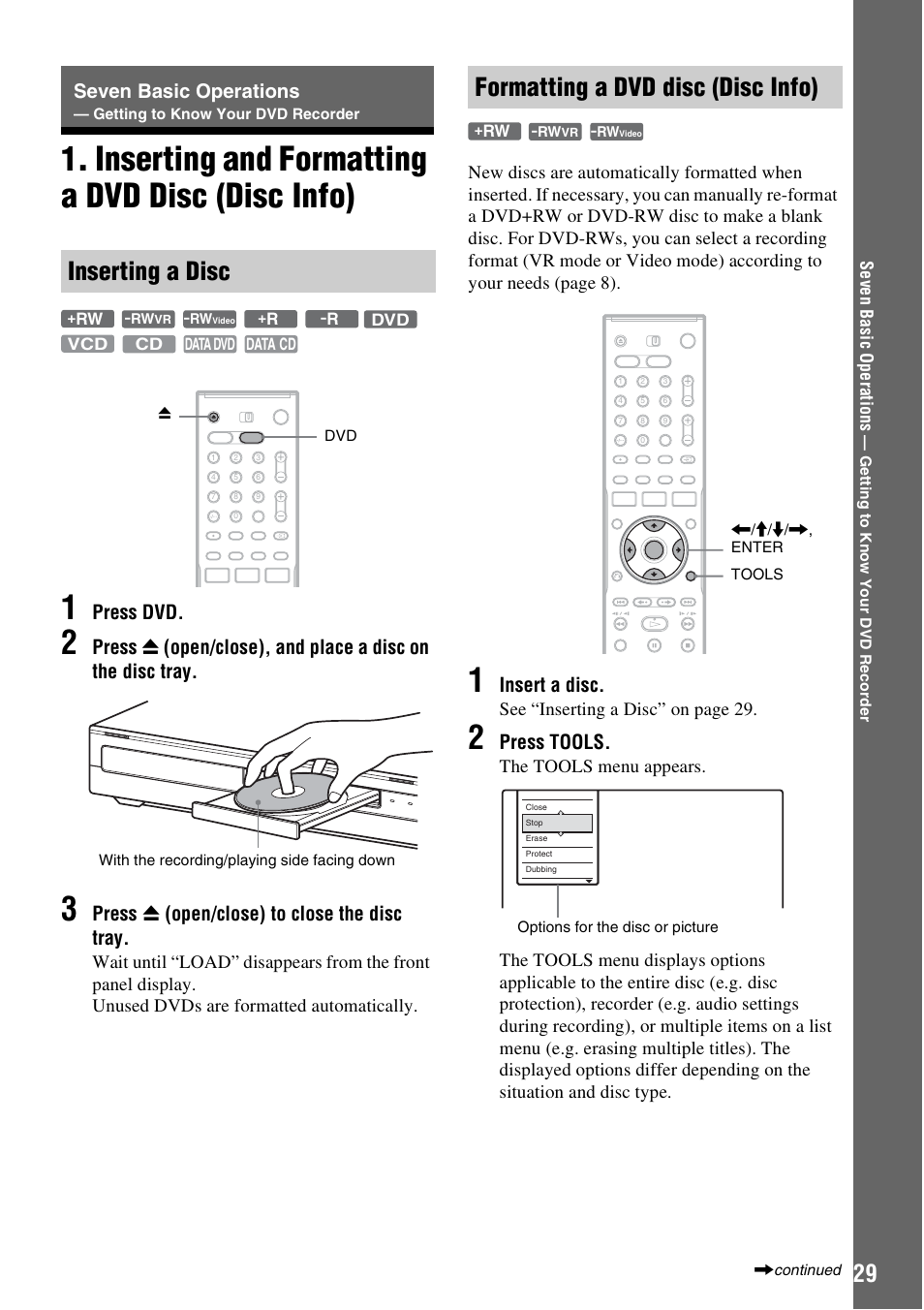 Inserting and formatting a dvd disc (disc info), Inserting a disc, Formatting a dvd disc (disc info) | Inserting a disc formatting a dvd disc (disc info), Seven basic operations, Inserting and formatting a dvd disc (disc info) 1, Press dvd, Press z (open/close) to close the disc tray, Insert a disc, Press tools | Sony RDR-HX1010 User Manual | Page 29 / 116