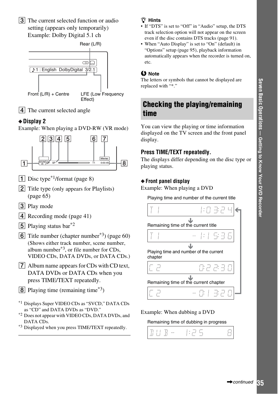 Checking the playing/remaining time | Sony RDR-HX1010 User Manual | Page 35 / 116