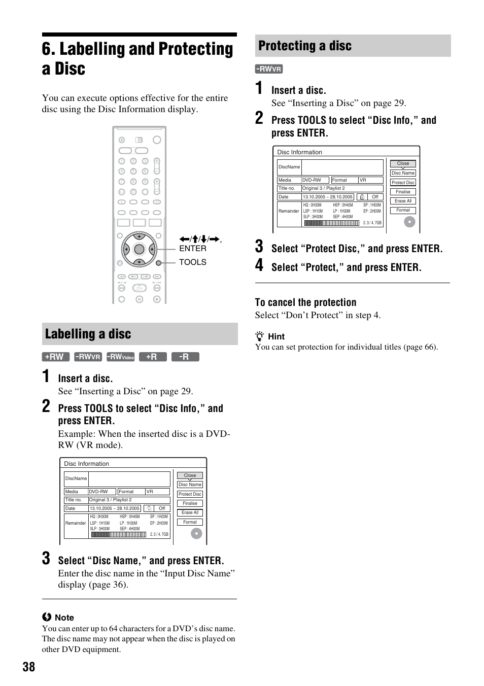 Labelling and protecting a disc, Labelling a disc, Protecting a disc | Labelling a disc protecting a disc, Insert a disc, Press tools to select “disc info,” and press enter, Select “disc name,” and press enter, Select “protect disc,” and press enter, See “inserting a disc” on page 29, Select “don’t protect” in step 4 | Sony RDR-HX1010 User Manual | Page 38 / 116