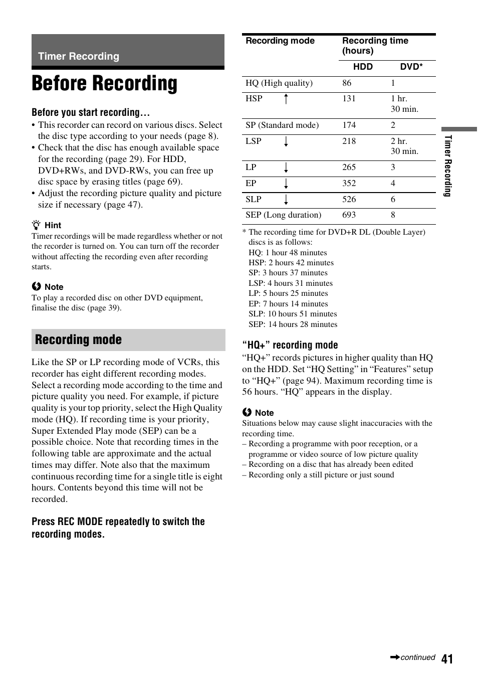 Timer recording, Before recording, Recording mode | Sony RDR-HX1010 User Manual | Page 41 / 116