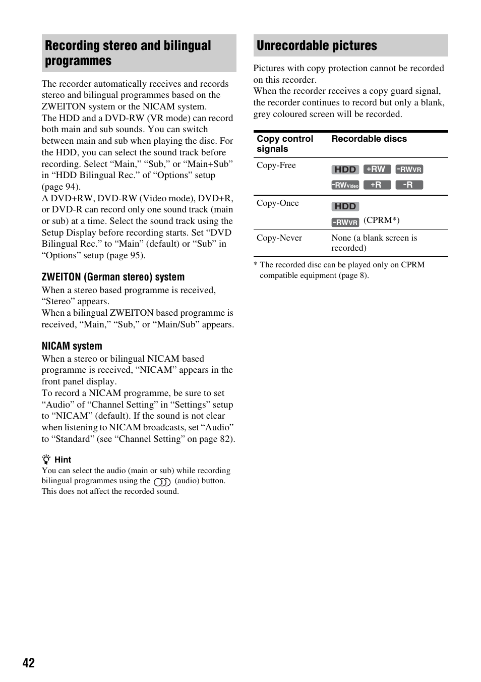 Recording stereo and bilingual programmes, Unrecordable pictures | Sony RDR-HX1010 User Manual | Page 42 / 116