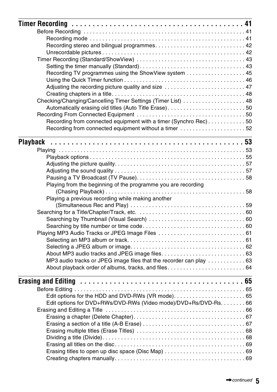 5timer recording, Playback, Erasing and editing | Sony RDR-HX1010 User Manual | Page 5 / 116