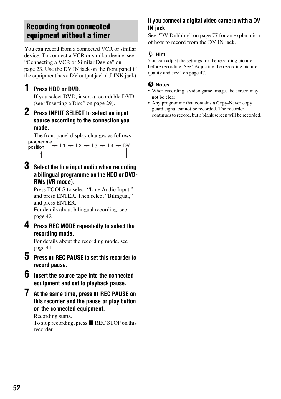 Recording from connected equipment without a timer | Sony RDR-HX1010 User Manual | Page 52 / 116