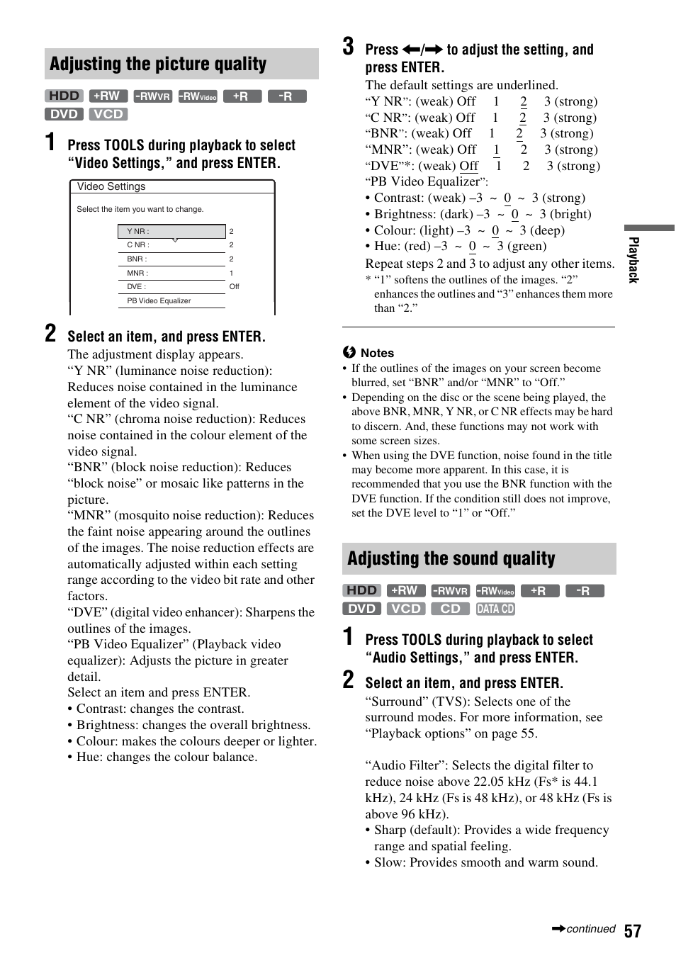Adjusting the picture quality, Adjusting the sound quality | Sony RDR-HX1010 User Manual | Page 57 / 116