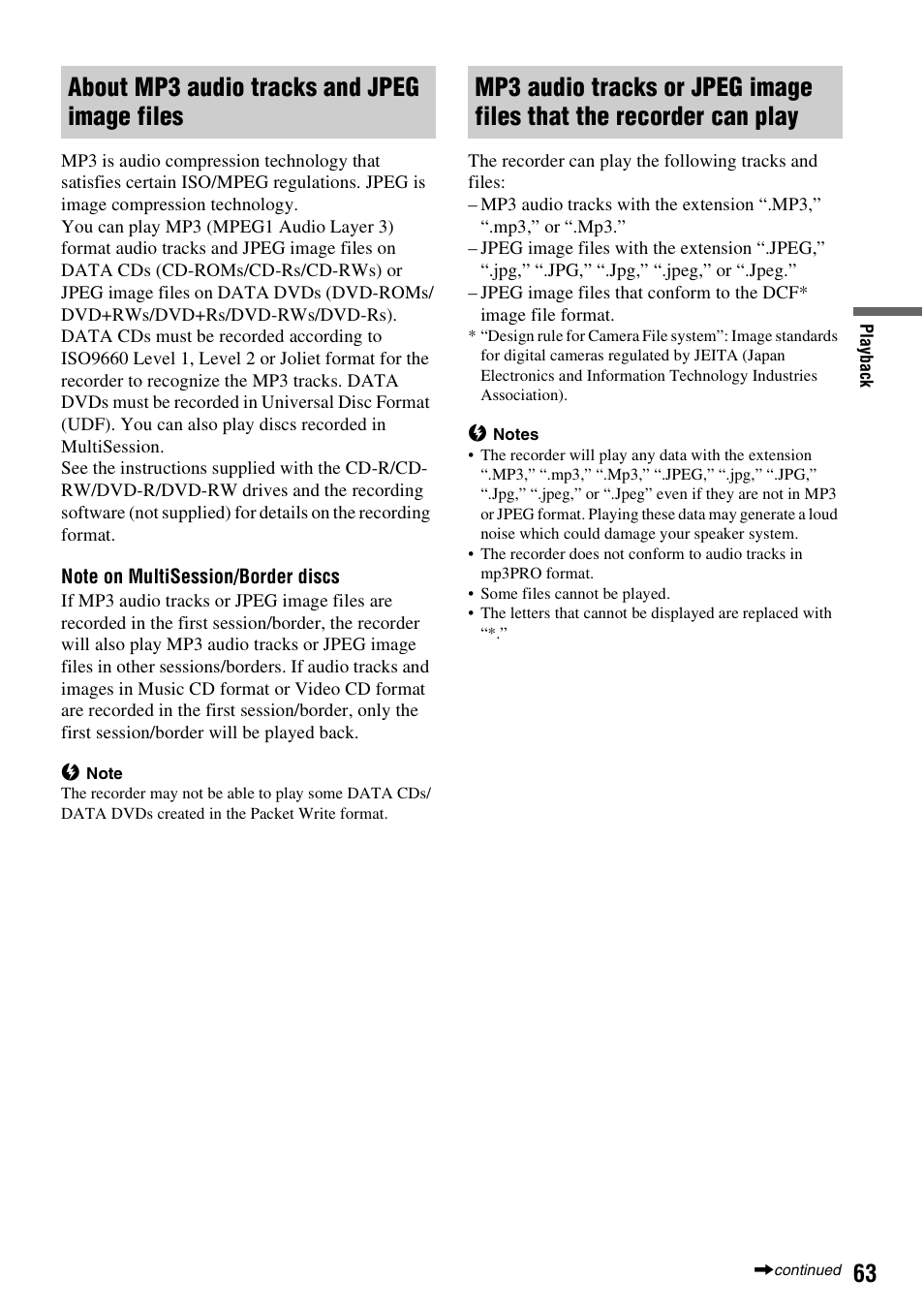 About mp3 audio tracks and jpeg image files | Sony RDR-HX1010 User Manual | Page 63 / 116
