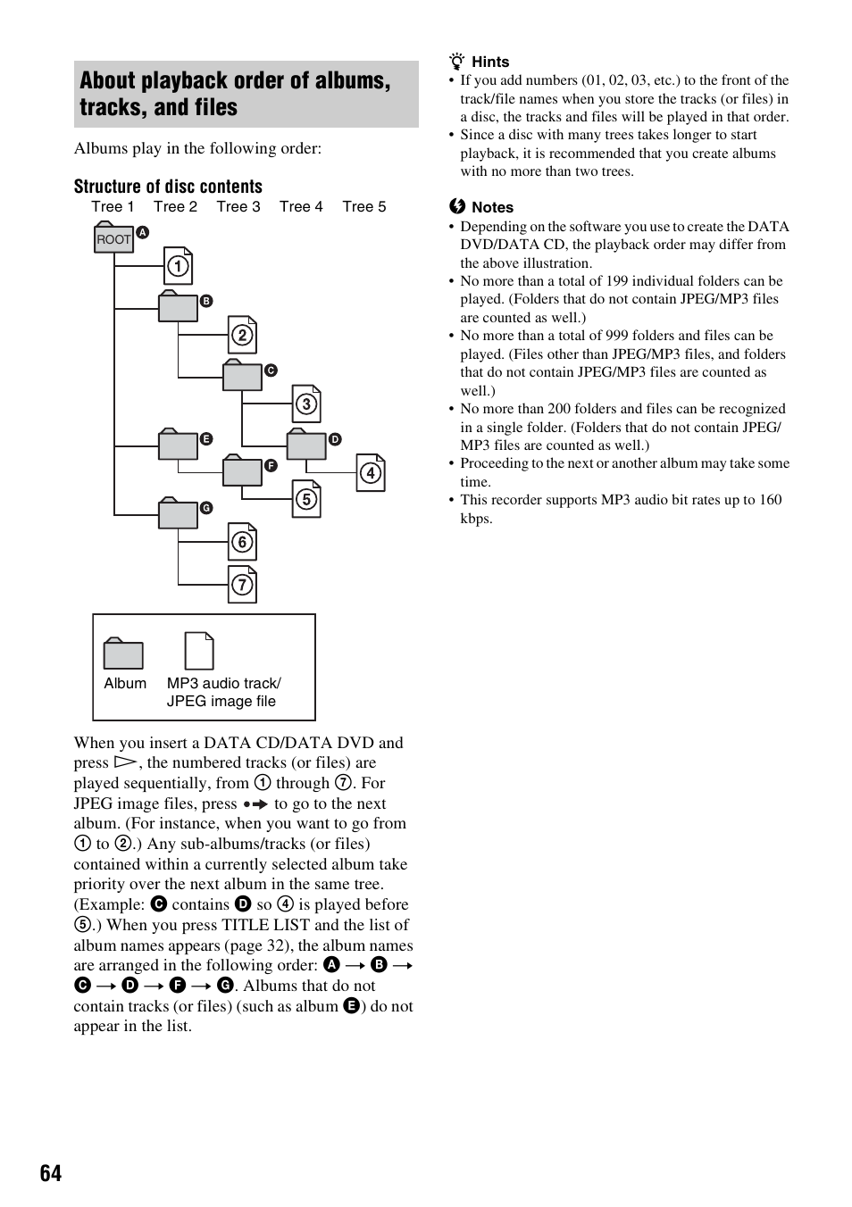 About playback order of albums, tracks, and files | Sony RDR-HX1010 User Manual | Page 64 / 116