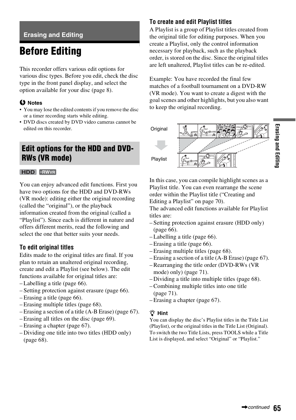 Erasing and editing, Before editing, Edit options for the hdd and dvd- rws (vr mode) | Edit options for the hdd and dvd-rws (vr mode) | Sony RDR-HX1010 User Manual | Page 65 / 116