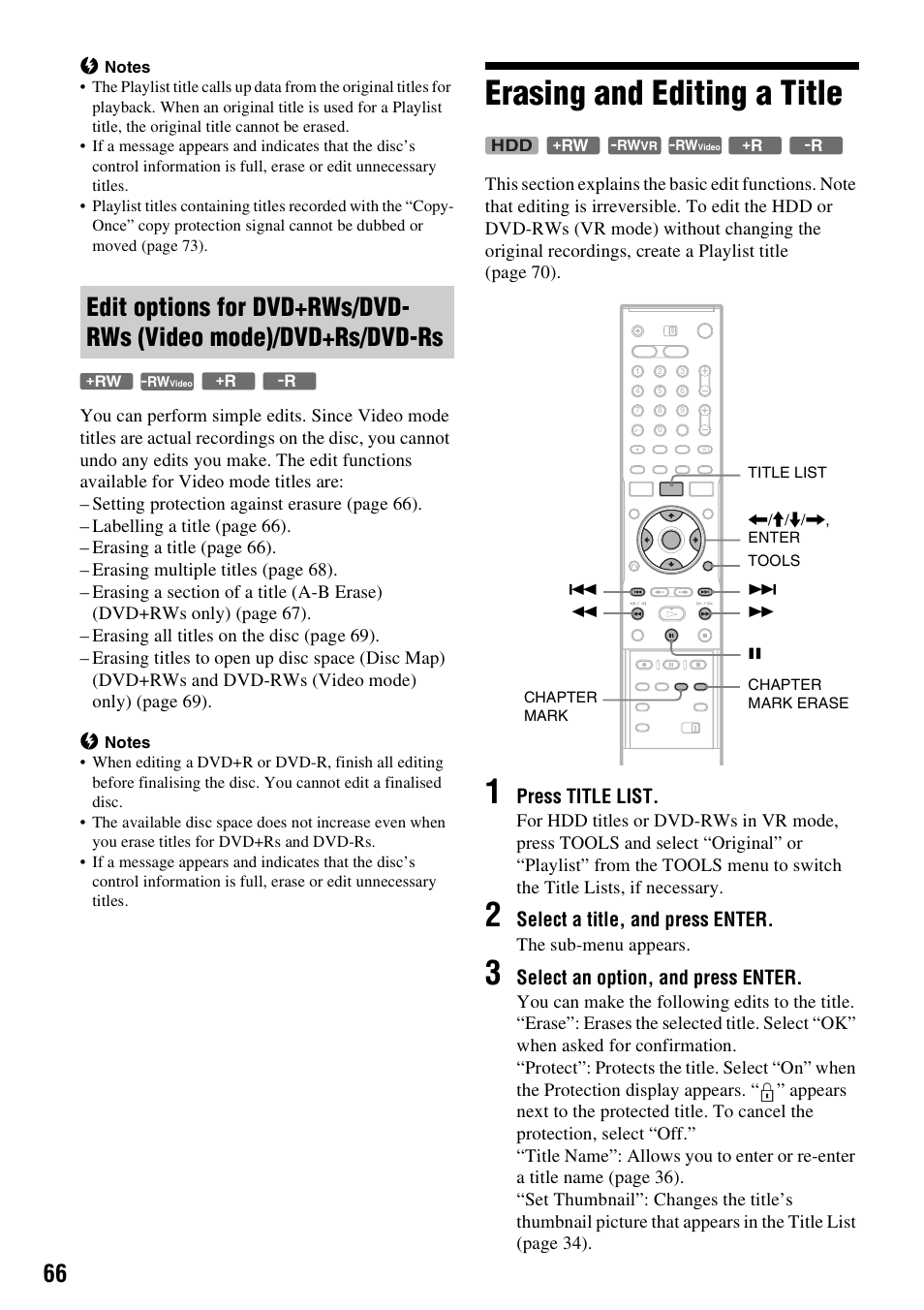 Erasing and editing a title, Press title list, Select a title, and press enter | Select an option, and press enter | Sony RDR-HX1010 User Manual | Page 66 / 116