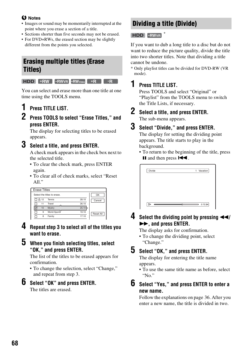 Erasing multiple titles (erase titles), Dividing a title (divide) | Sony RDR-HX1010 User Manual | Page 68 / 116